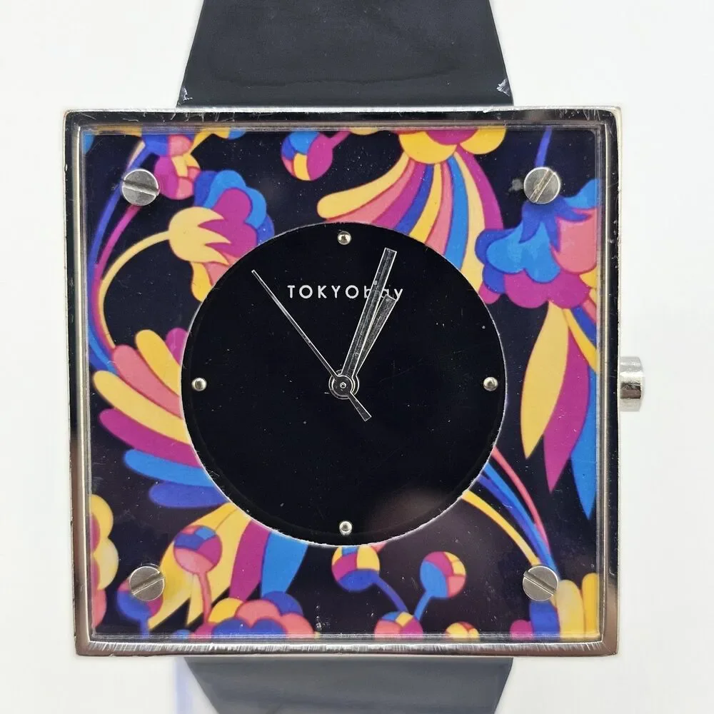 TOKYObay Women's Watch 38MM Flowers Square Case Black Leather Bands New‎ Battery